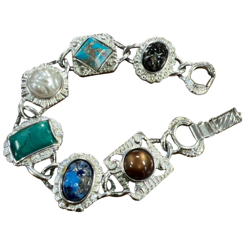 VINTAGE | Sarah Coventry Stone Charm Bracelet w Foldover Clasp